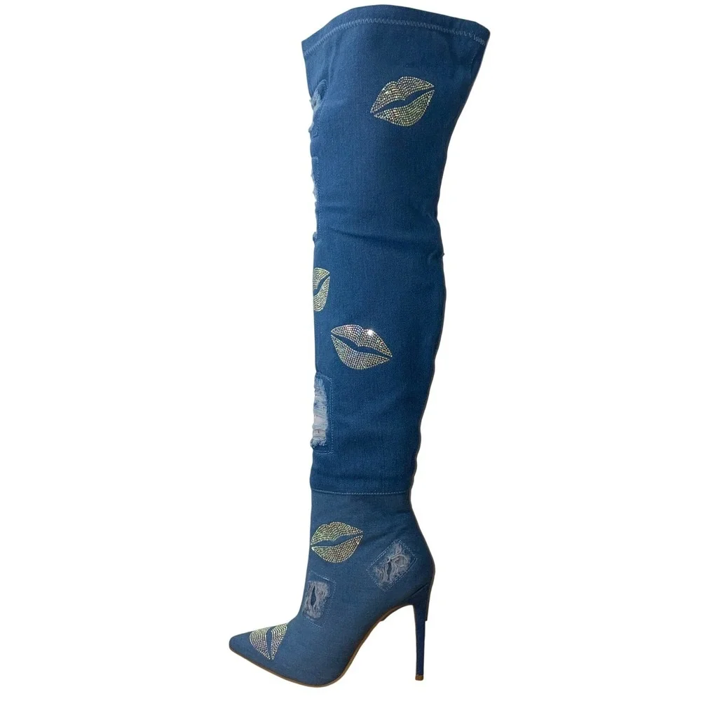 Cape Robbin Distressed Denim Rhinestone Thigh High Stiletto Boots Size‎ 7 NIB
